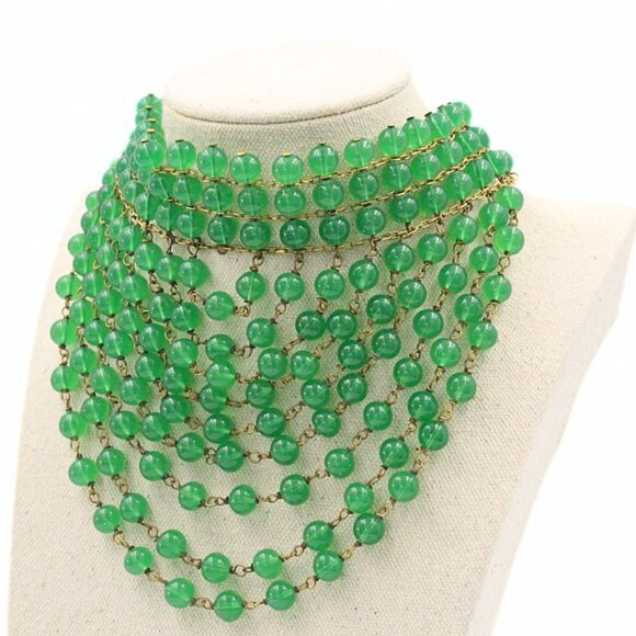 Attr. to Christian Dior 50's High End Cascading Green Glass Massive Necklace - Picture 5 of 15